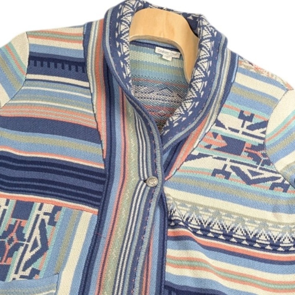 Coldwater Creek Womens 1X Blue Southwestern Geometric Shawl Cardigan Sweater